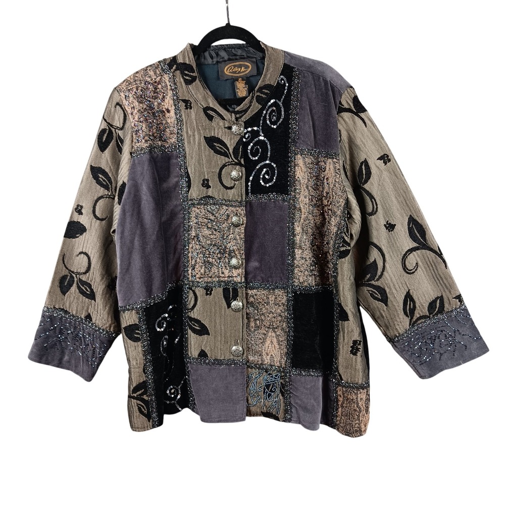 VTG Alex Kim Patchwork Beaded Jacket Women's 2X Blazer Boho Chic Statement